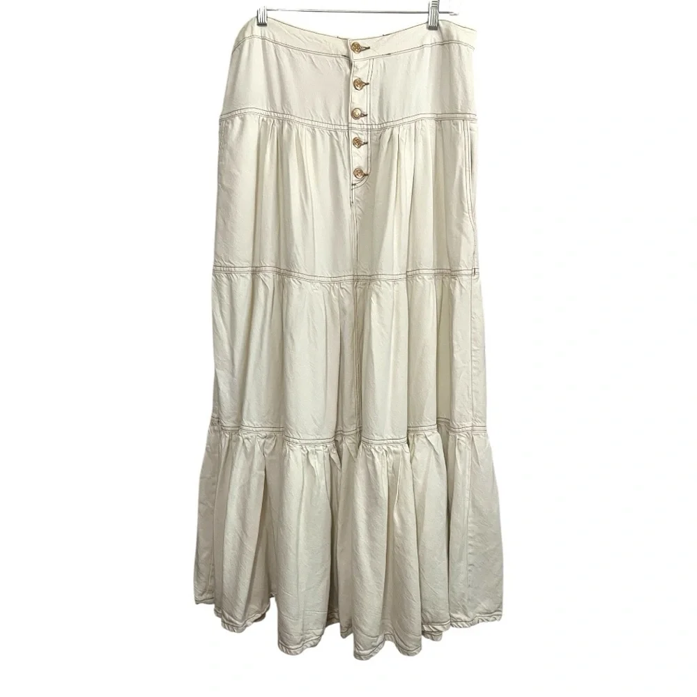 We The Free Dreamweaver Button-Front Cream Denim Maxi Skirt L - Picture 2 of 9